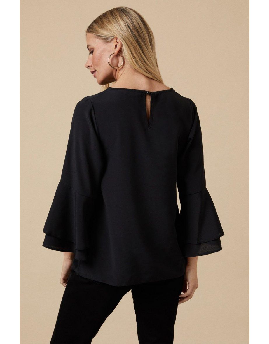 Petite Plain Black Flute Sleeve Top - 2