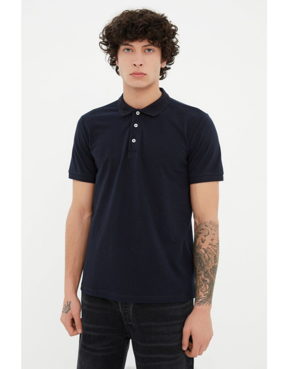 Navy Blue Men's Basic Slim Short Sleeved Textured Polo Neck T-shirt