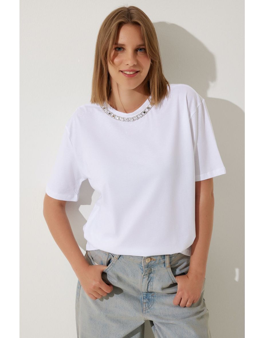 Women's White Collar Chain Necklace 100% Cotton Knitted T-Shirt