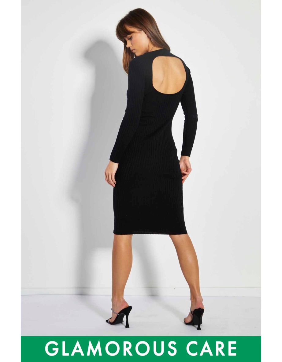 Black Knitted Midi Shift Dress with Long Sleeve - 3
