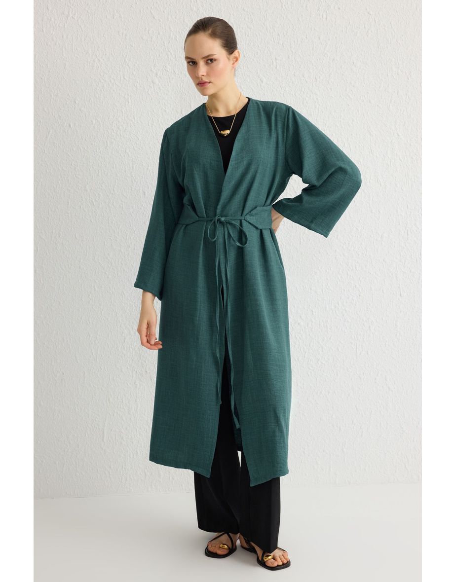 Indigo Waist Tie Detailed Linen Look Woven Kimono & Kaftan