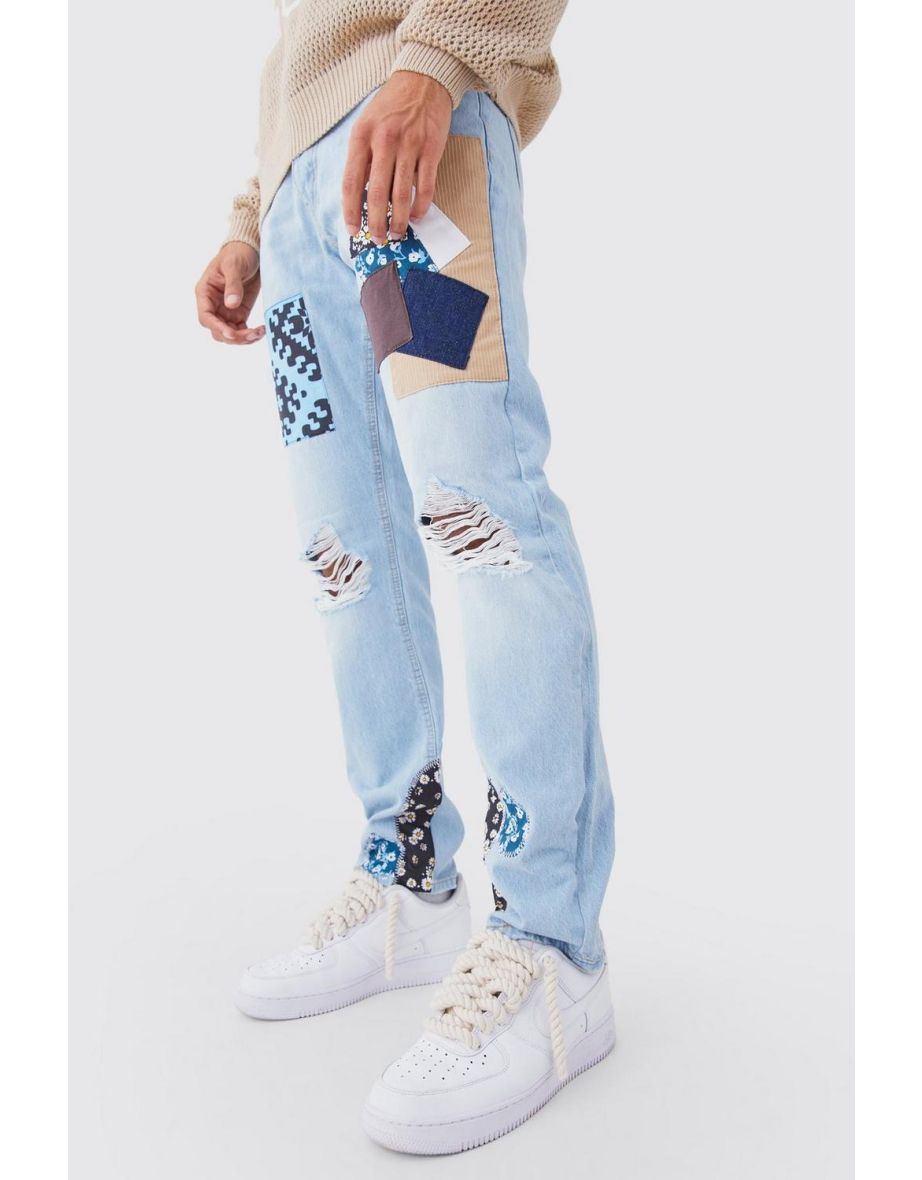Relaxed Fit Mix Print Patchwork Jeans - ice blue - 2