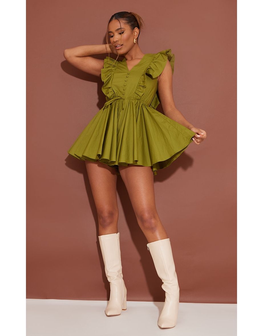 Olive Poplin Button Detail Flare Short Playsuit