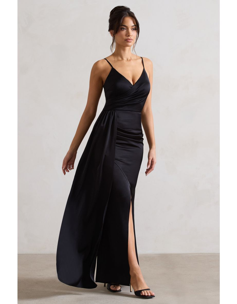 Soraya | Black Satin V-Neck Split Maxi Dress With Drape - 4