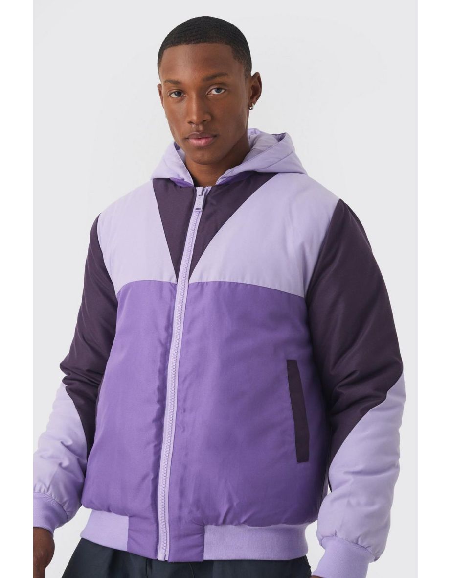 Colour Block Hooded Padded Bomber In Purple - 2