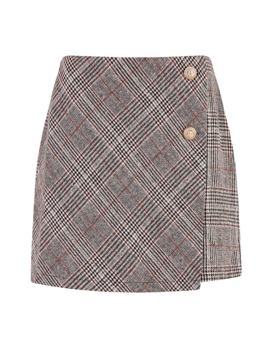 Mela Grey Checked Wrap Mini Skirt With Button Detail - 6