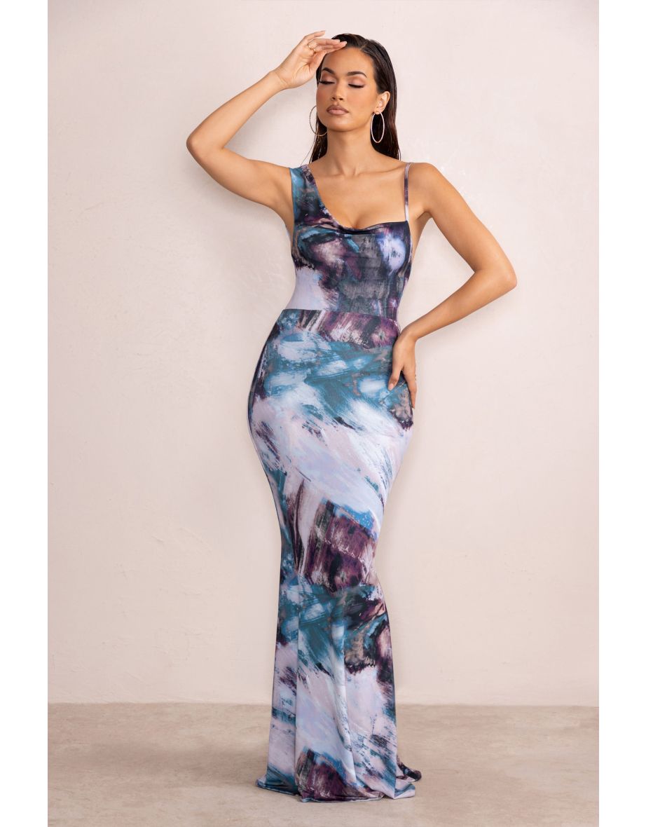 Phantasy | Multi Print Asymmetric Neckline Cowl Maxi Dress