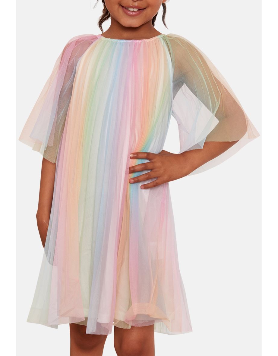 Younger Girls Pleated Bell Sleeve Rainbow Midi Dress in Pink - 8