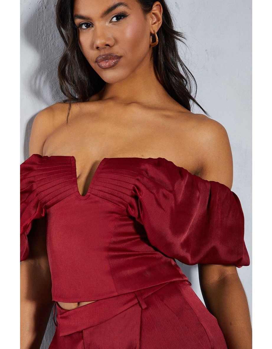 Textured Satin Pleated Bust Frill Bardot Top