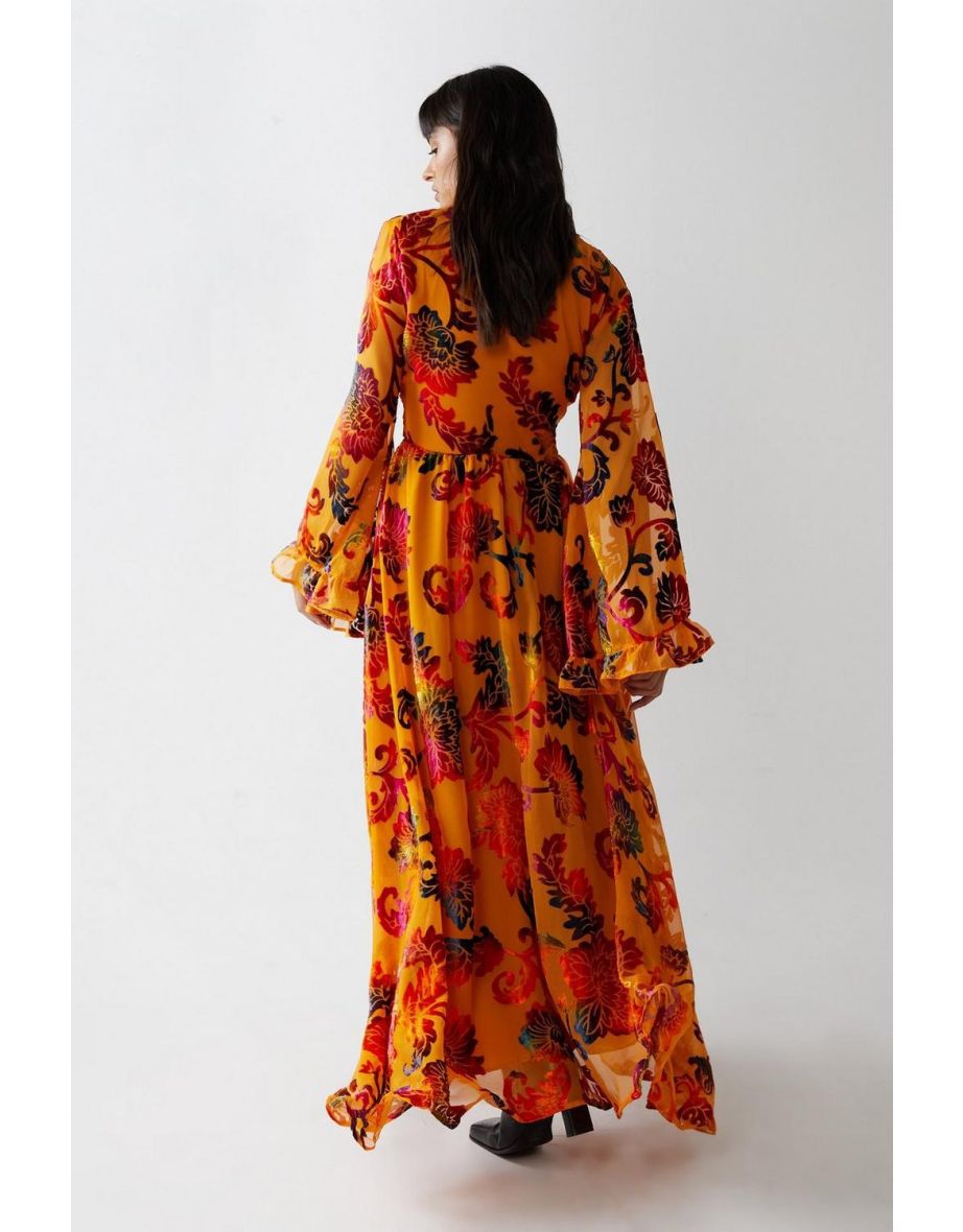 Flared Sleeve Devore Tie Belted Maxi Dress - 3