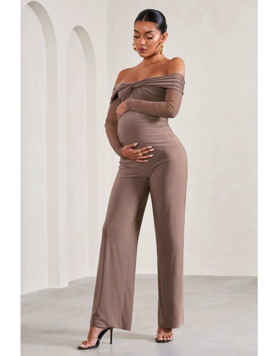 Kyla | Mocha Ruched Bardot Long-Sleeved Wide-Leg Maternity Jumpsuit - 4