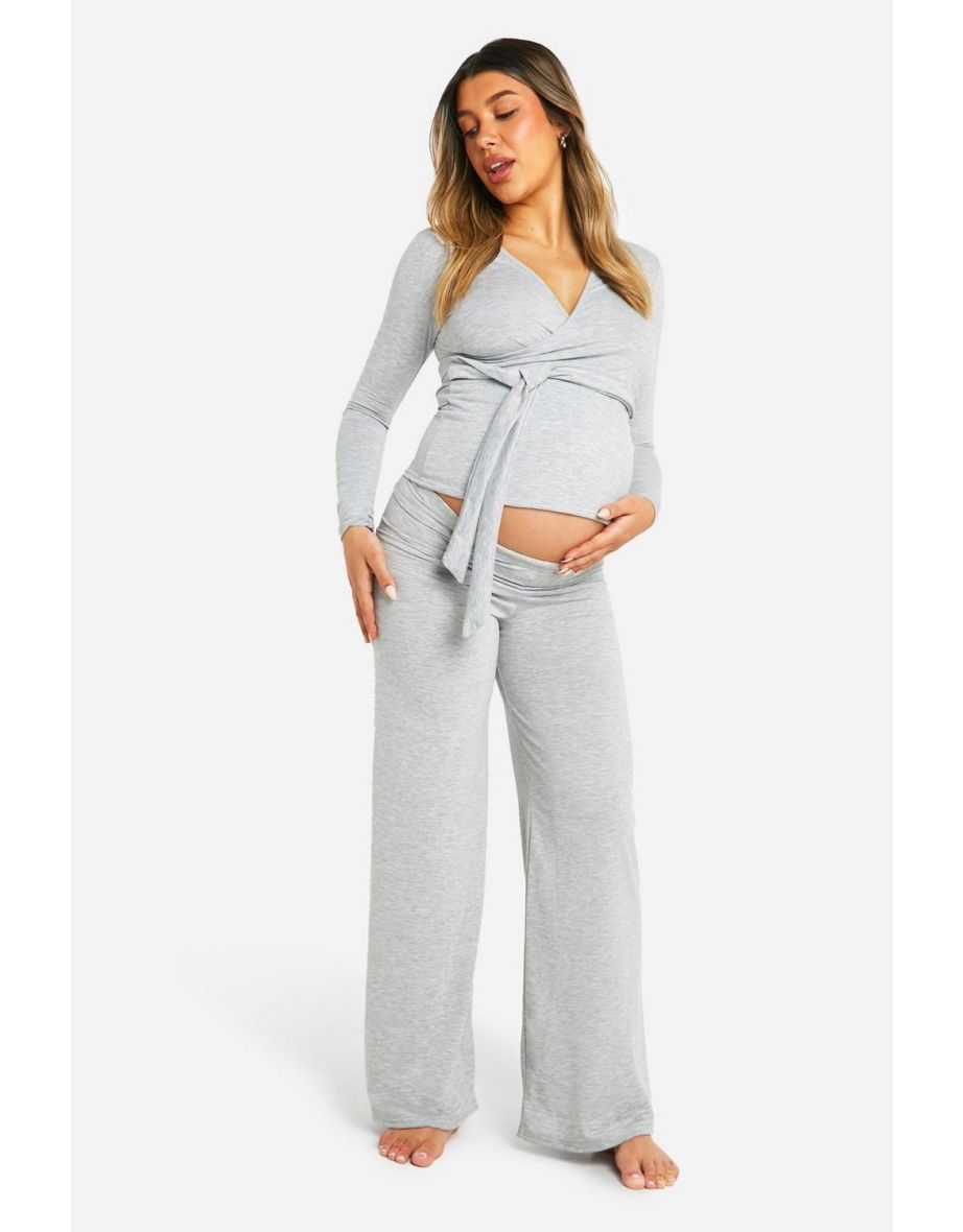 Maternity Super Soft Wrap Belted Top Lounge Set - grey