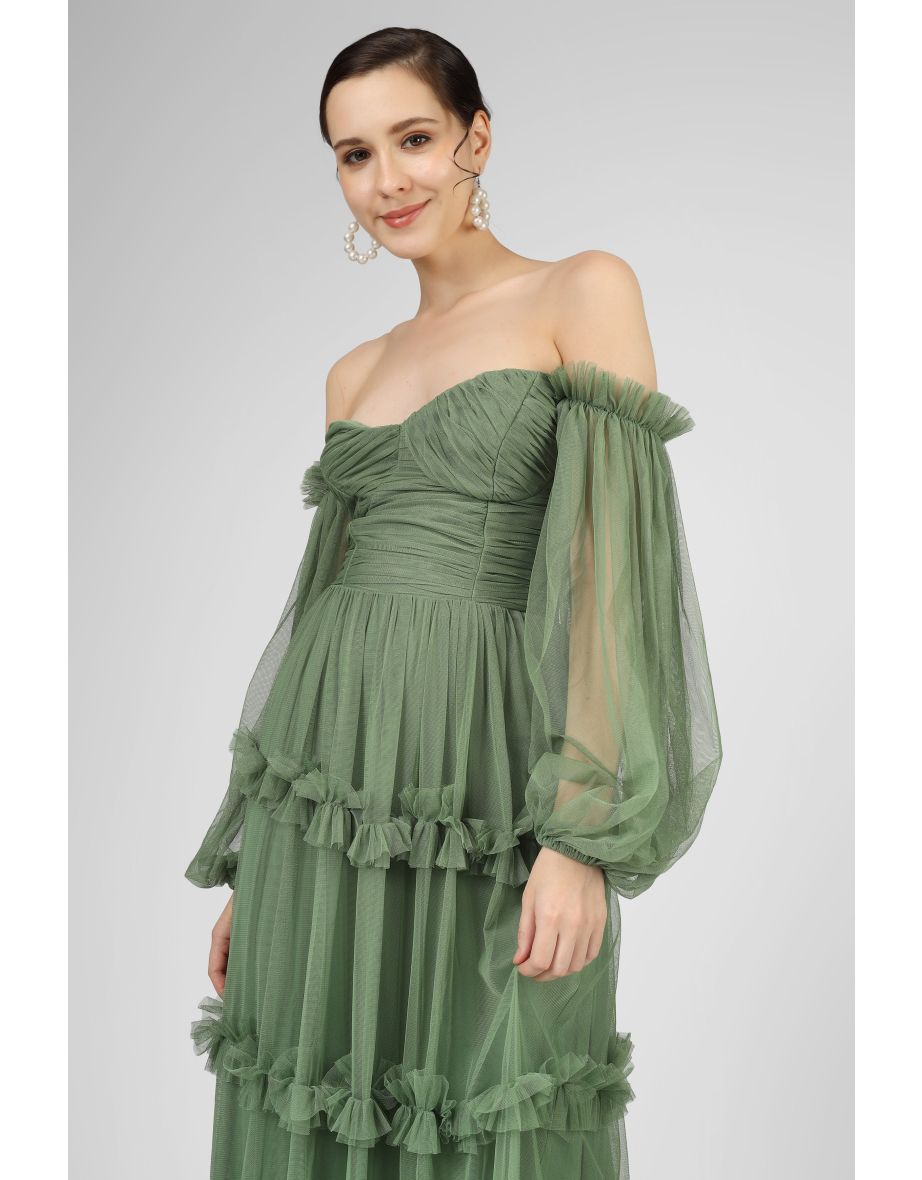 Rendi Olive Green Tulle Dress - 6