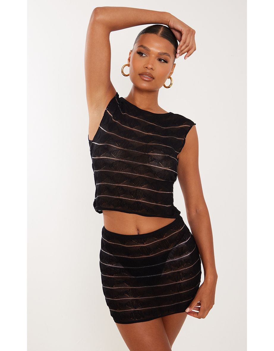 Black Bobble Textured Sheer Knit Open Back Top