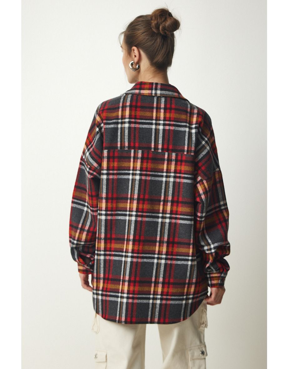 Women's Gray Red Patterned Oversize Cachet Lumberjack Shirt - 5