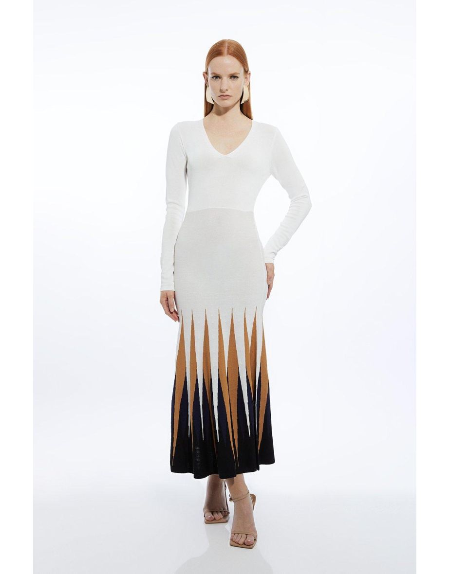 Viscose Blend Knit Colour Block Hem Detail Maxi Dress