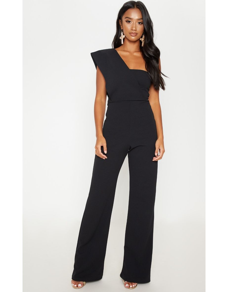 black drape one shoulder jumpsuit