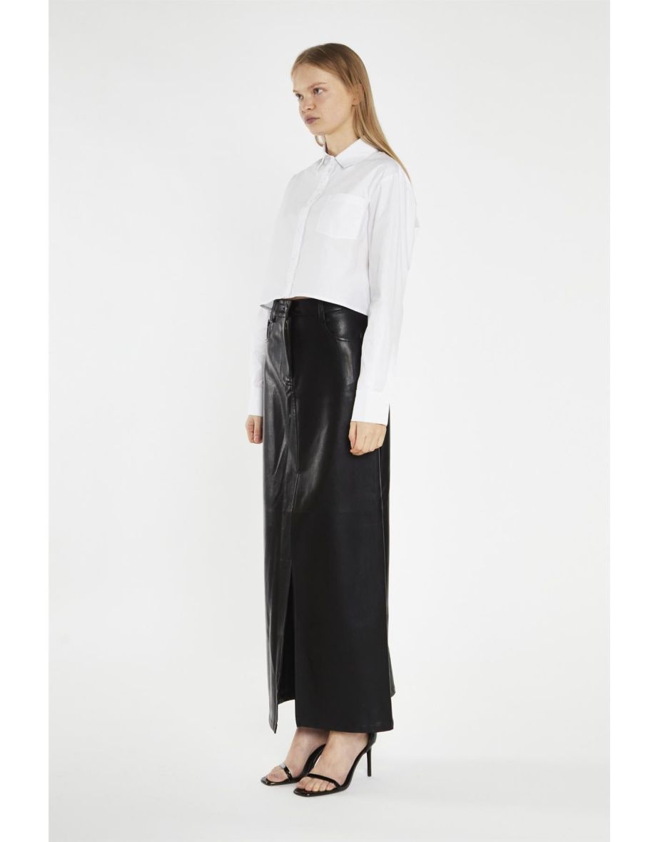 Black PU Centre-Split Midi-Skirt - 3