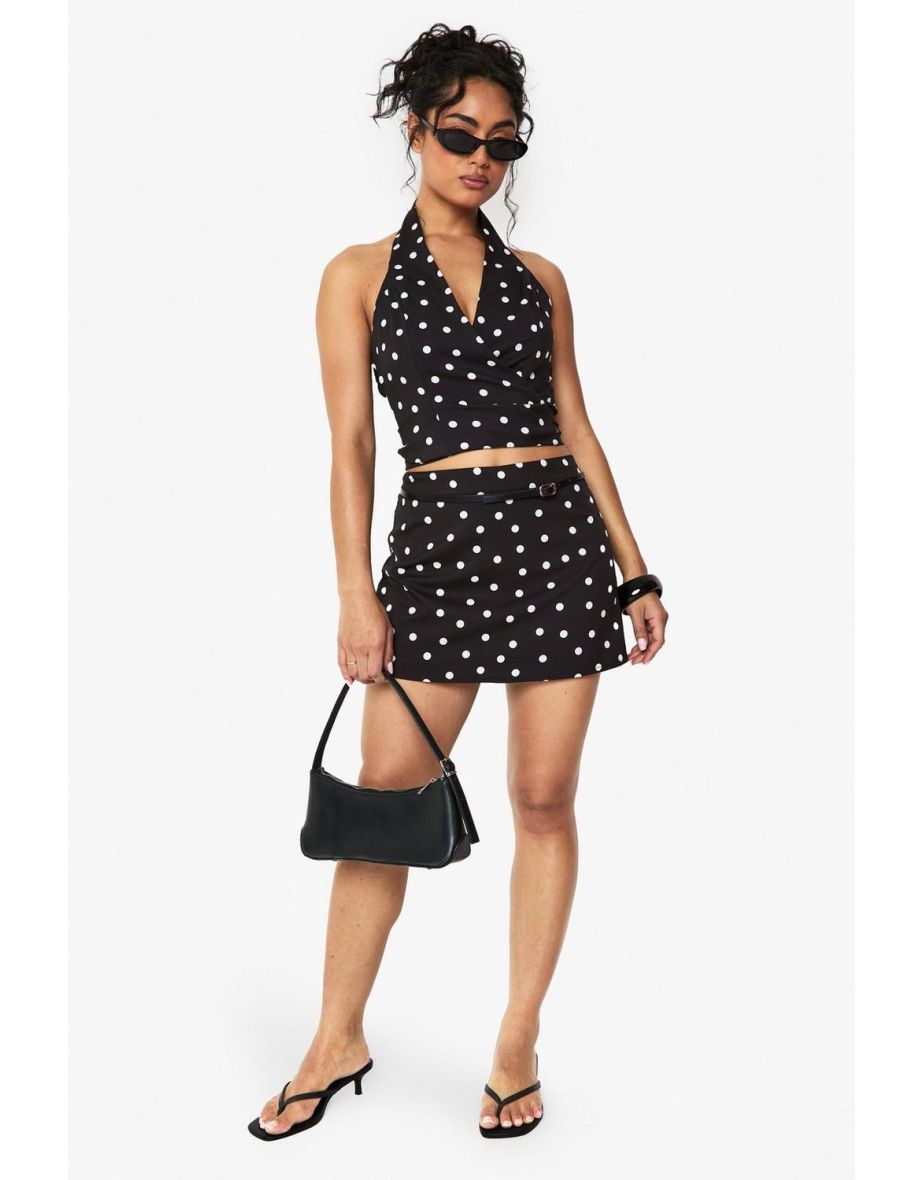 Woven Polka Dot Wrap Top - black