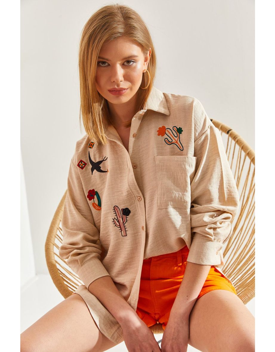Women's Embroidered Linen Shirt - 4