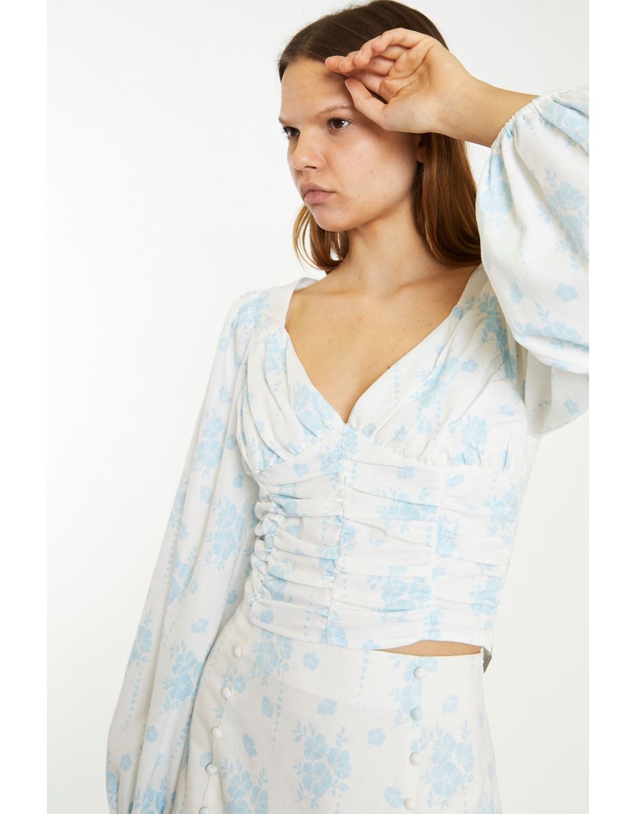 Blue Wallpaper Floral Ruched Top - 3