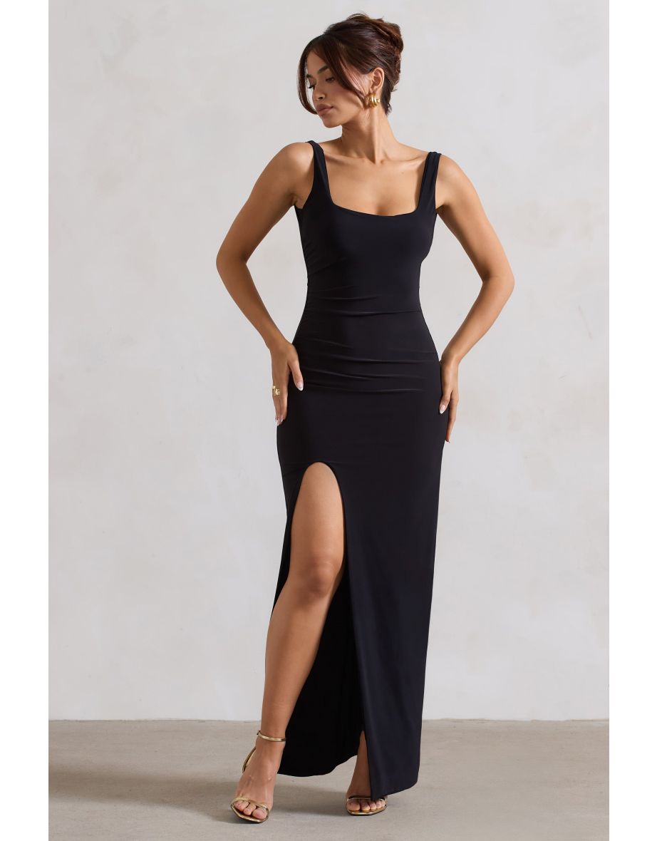 Kate | Black Square Neck Maxi Dress with Plunge Back and Side Thigh Split - 3