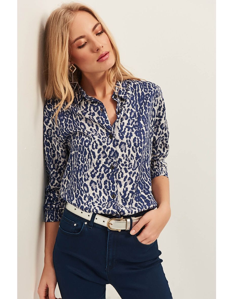 Women's Navy Blue Leopard Woven Shirt