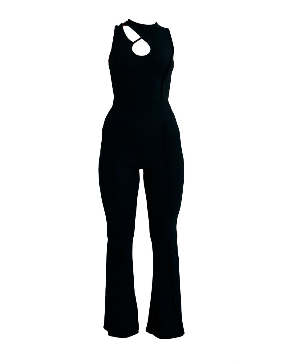 Black Textured Rib Cross Cut Out Seam Detail Jumpsuit - 4