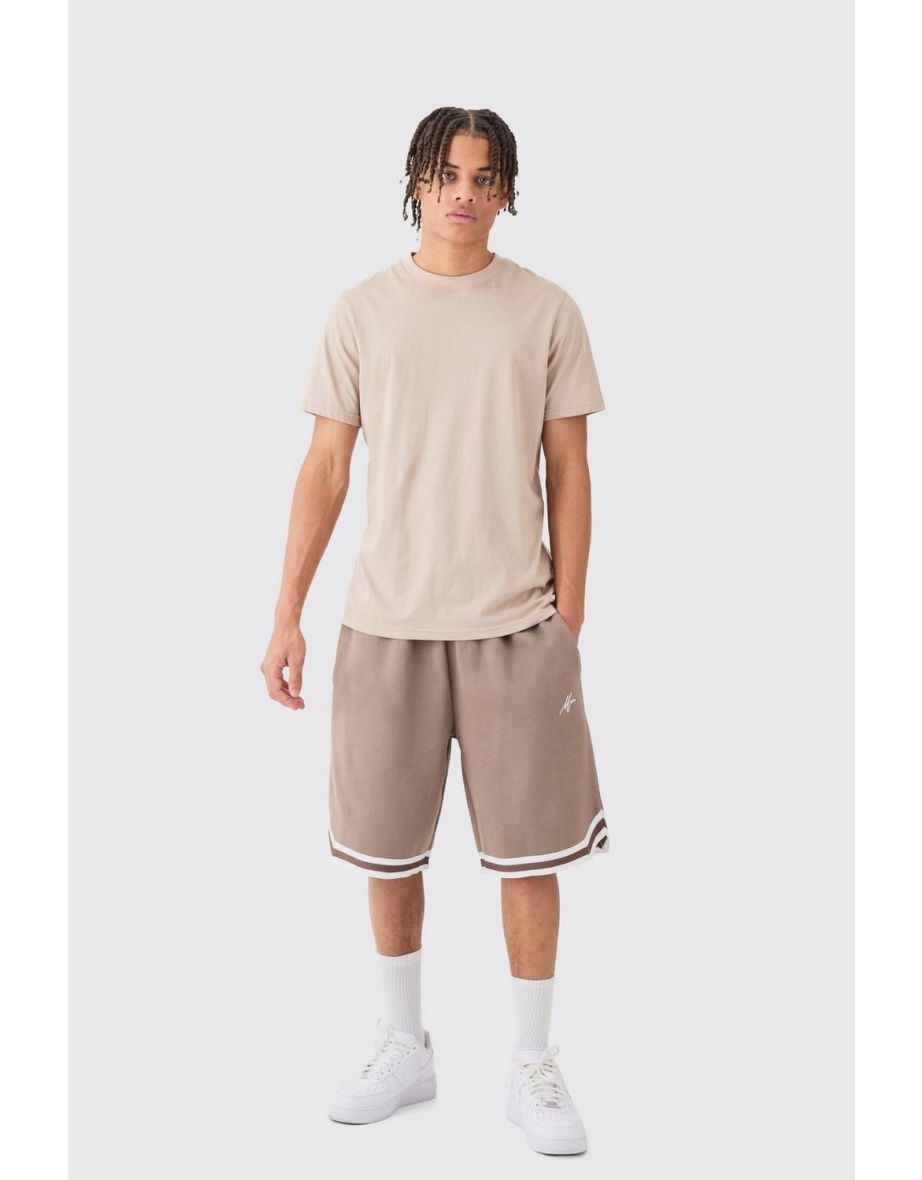 Oversized Man Sig Mid Length Jersey Tape Basketball Short - brown