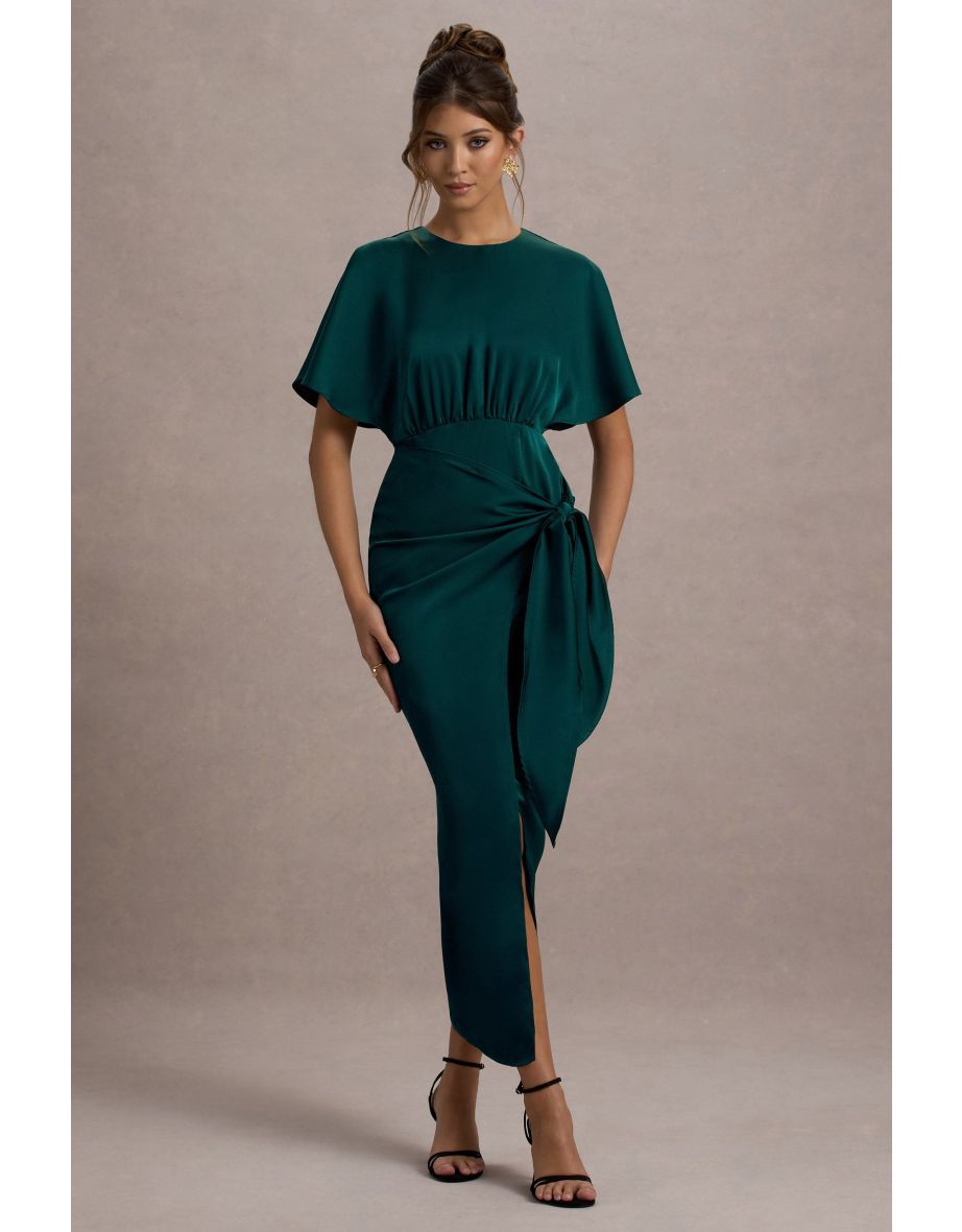 Mika | Bottle Green Satin Short-Sleeve Wrap Maxi Dress - 6