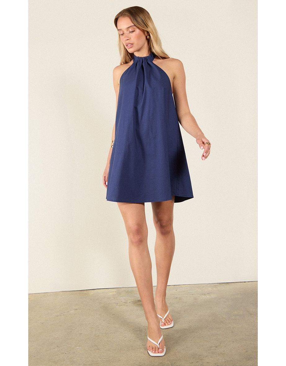 Indigo Blue Linen-Blend Ruched Halterneck Shift Dress