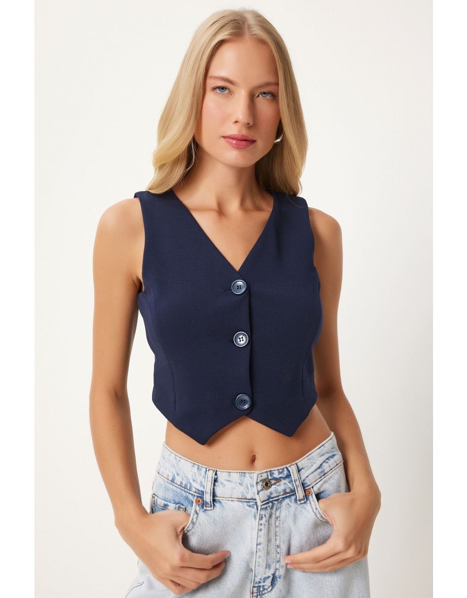 Women's Navy Blue V Neck Lycra Crop Knit Vest