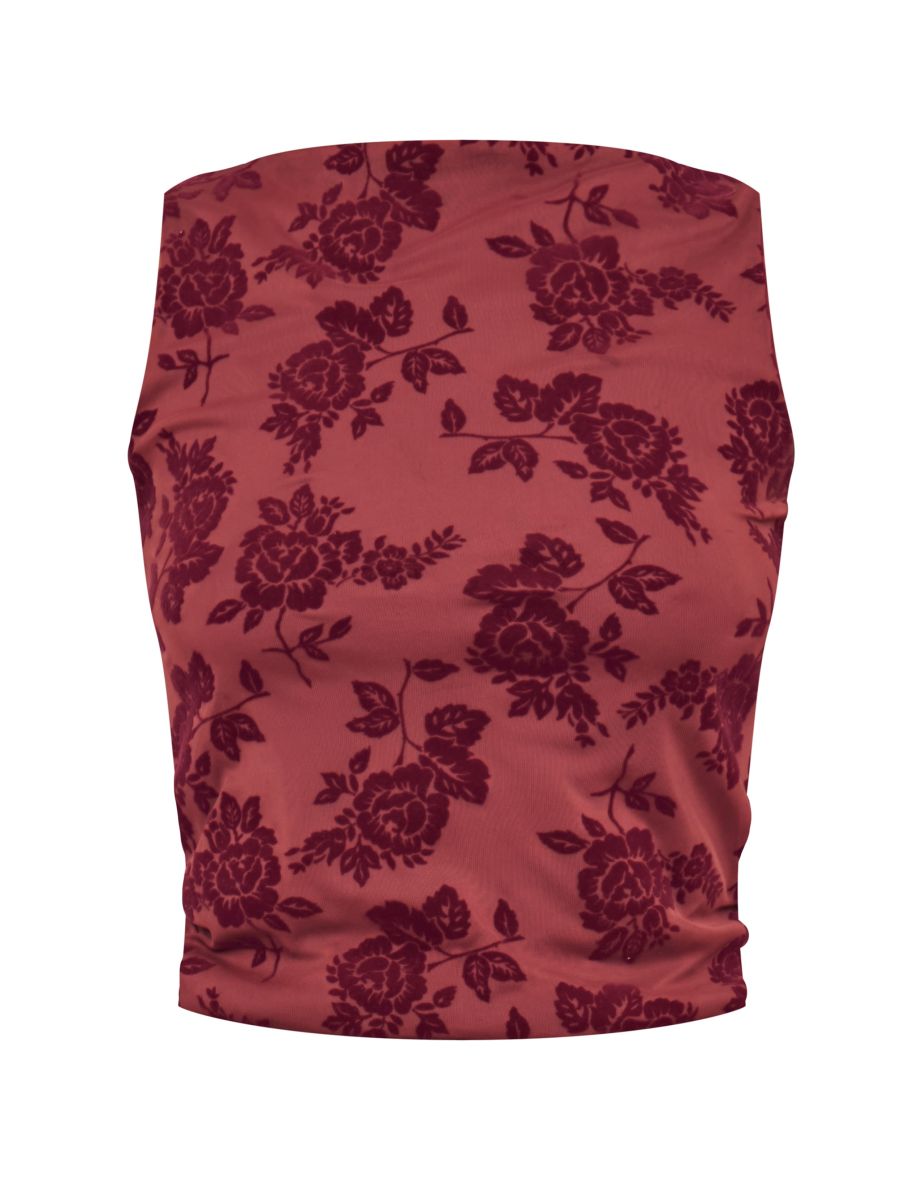 Tall Burgundy Devore Straight Neck Sleeveless Top - 4