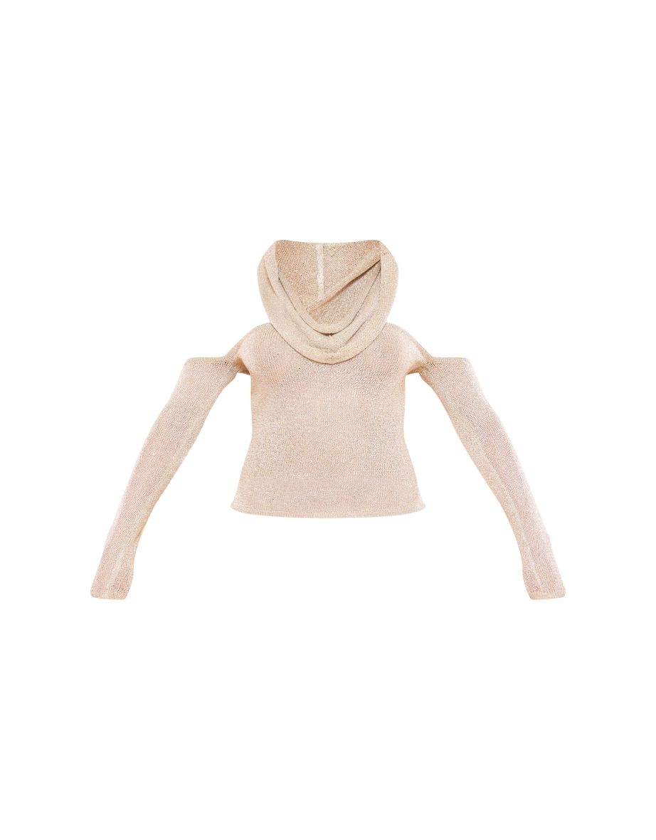 Gold Glitter Knitted Mini Skirt With Top & Hood - 4