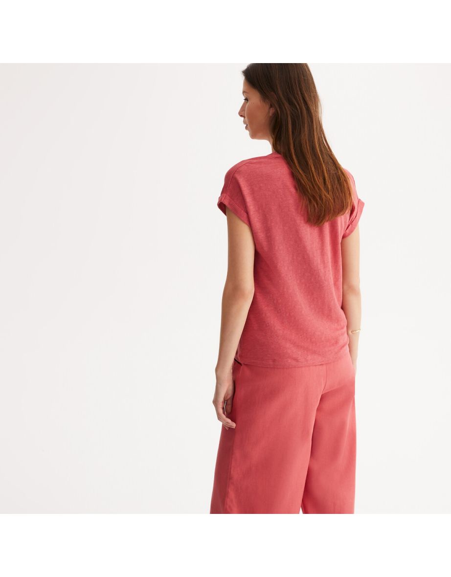 V-Neck Linen T-Shirt with Short Sleeves - 3