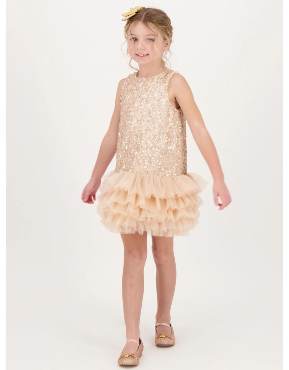 Girls Charleston Sequin Tulle Dress in Beige