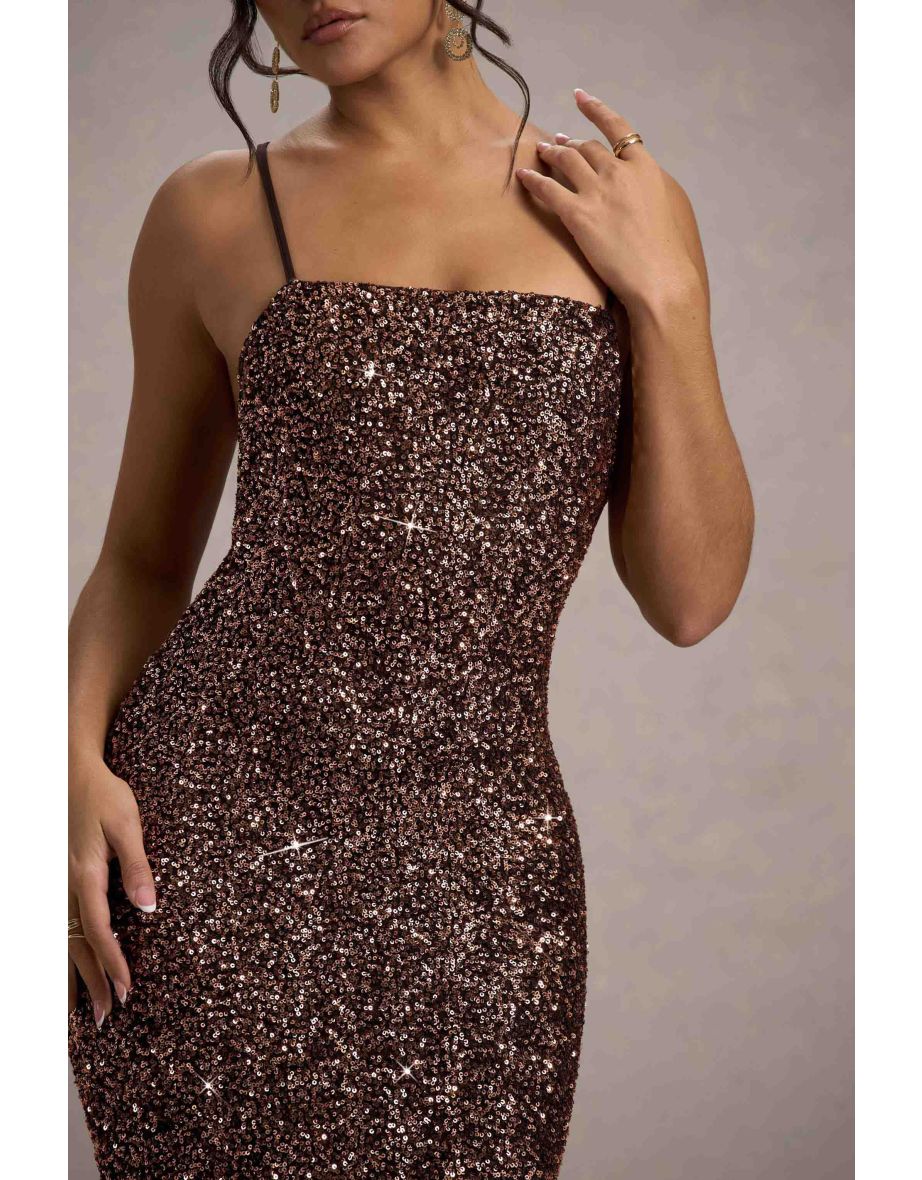 Cosmic | Bronze Sequin Square-Neck Strappy Maxi Dress - 6