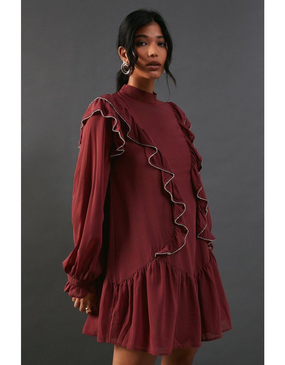 Hand Embellished Ruffle Mini Smock Dress