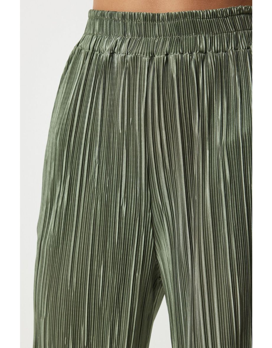 Women's Green Pleated Casual Blouse Trousers Set - 6