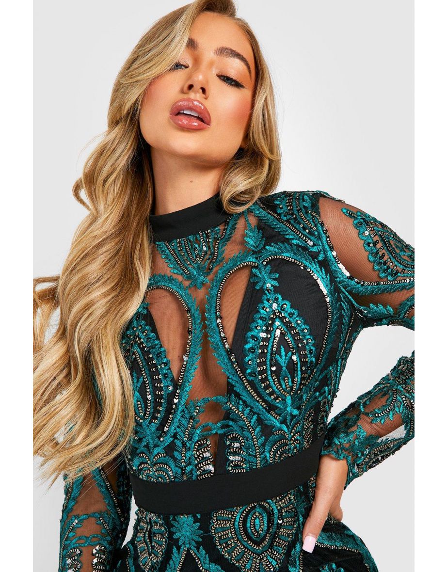 Sequin Damask Midi Party Dress - green - 3