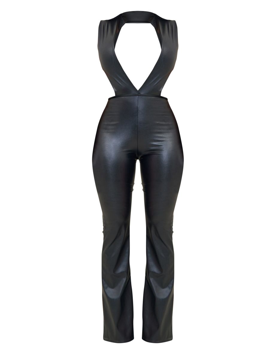 Shape Black Pu Plunge Backless Flared Jumpsuit - 4