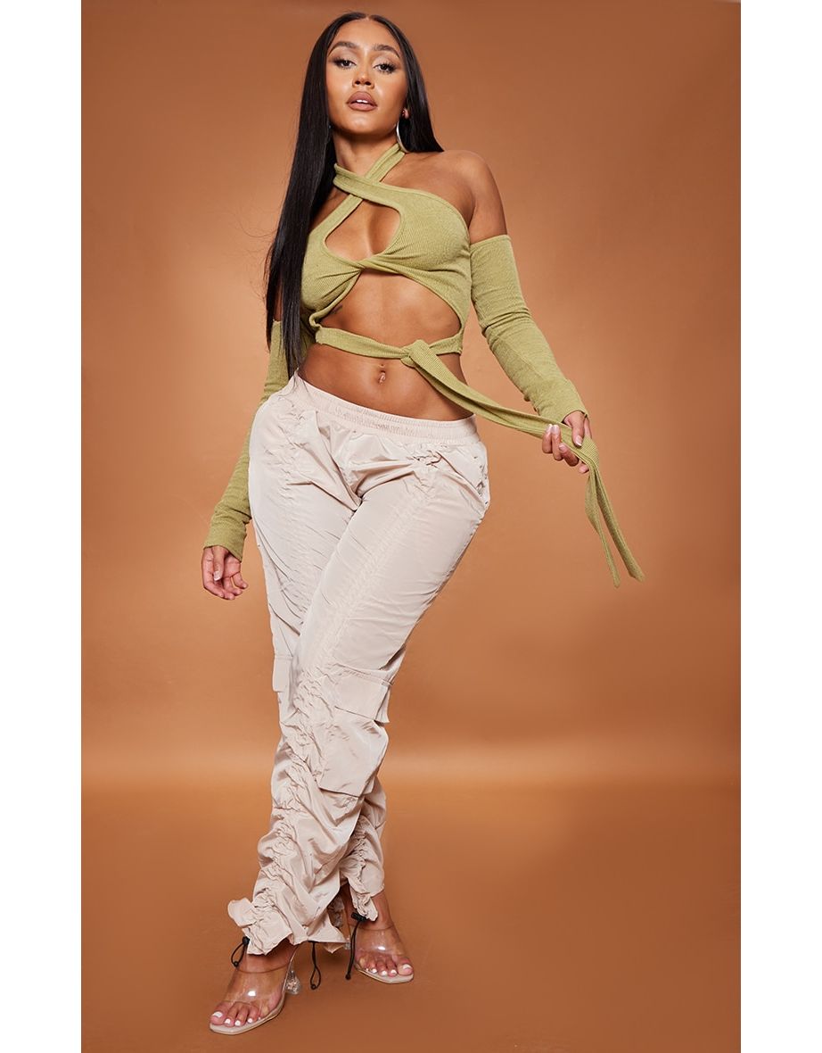 Shape Olive Soft Rib Twist Front Halterneck Crop Top