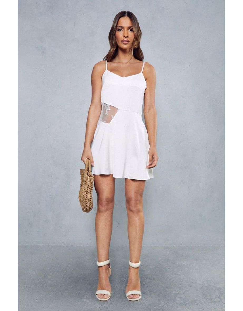 Satin Plunge Neck Lace Insert Mini Slip Dress - 3