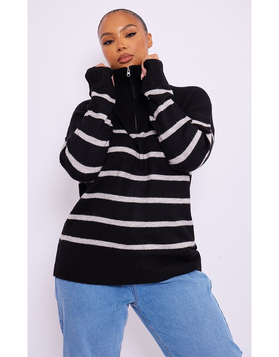 Plus Black Knitted Slouchy Striped Half Zip Jumper