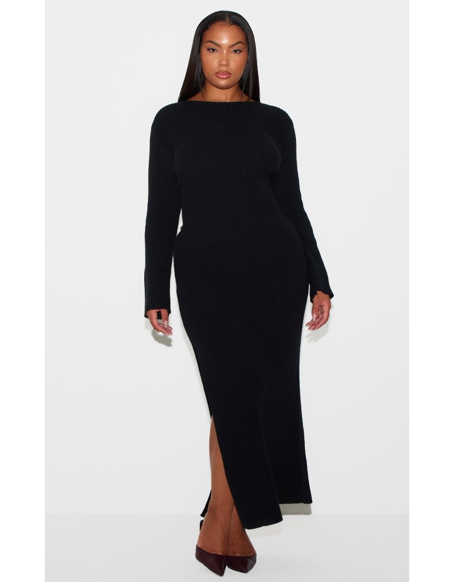 Plus Black Rib Knit Low Back Long Sleeve Maxi Dress