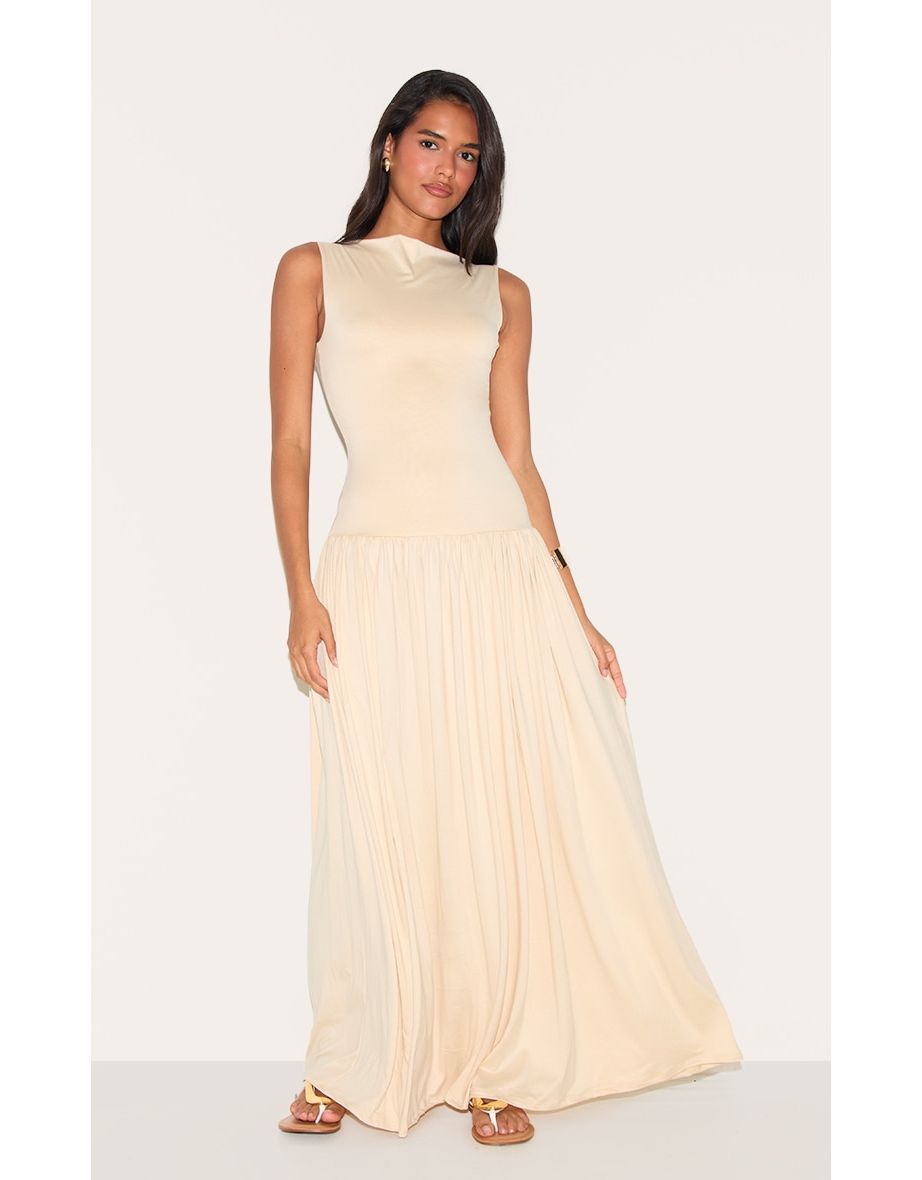 Almond Double Layer Soft Touch Dropped Waist Maxi Dress
