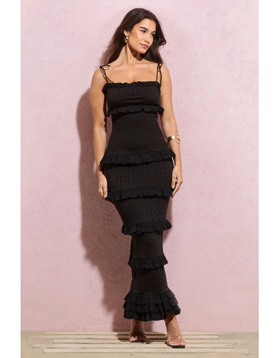 Lauren | Black Broderie Strappy Ruffled Maxi Dress