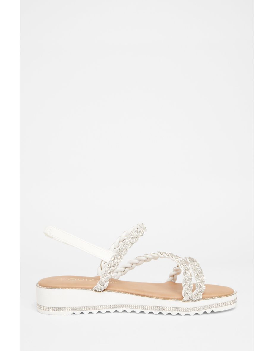 Wide Fit White Diamante Flat Sandals - 4