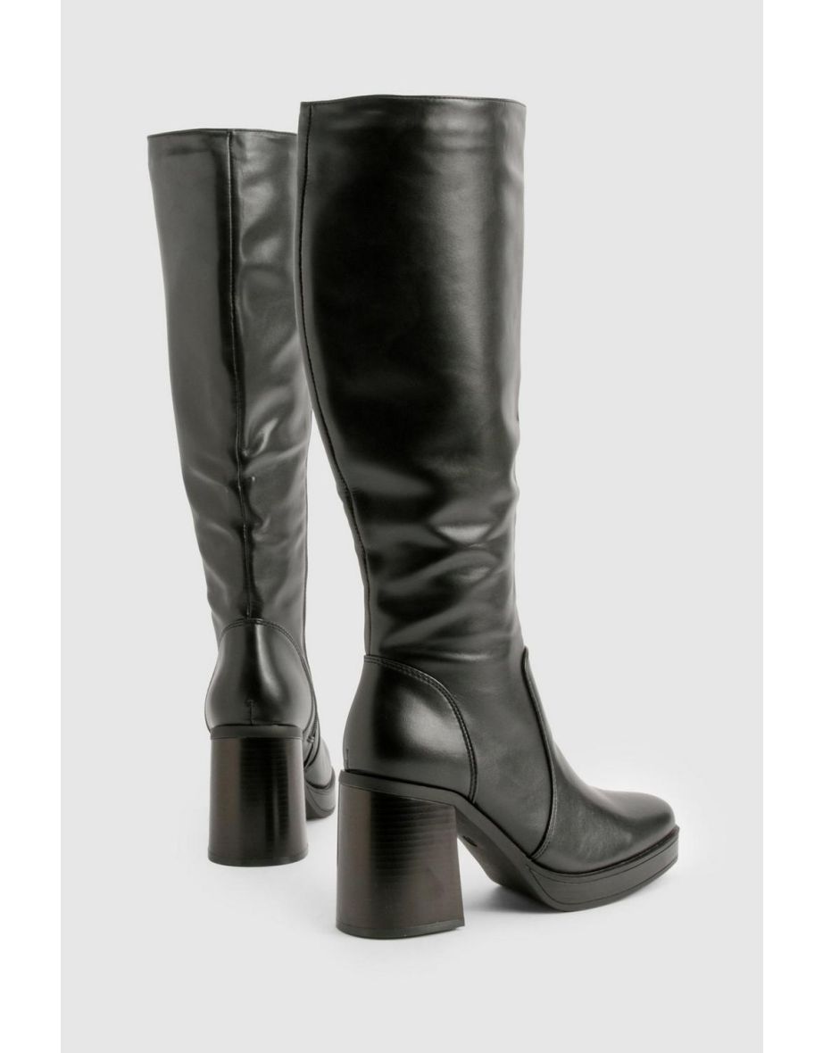 Knee High Platform Block Heel Boots - black - 3