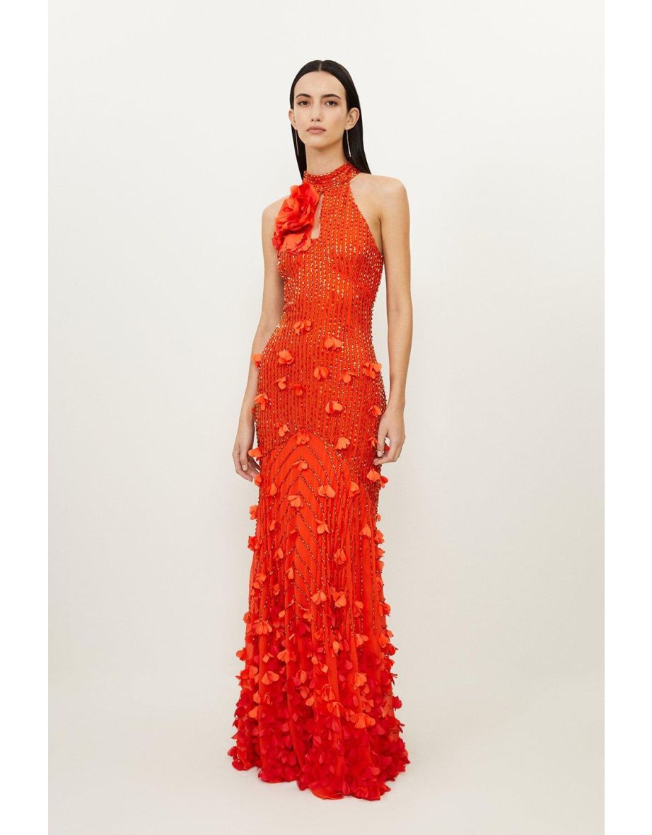 Floral Applique Crystal Embellished Woven Maxi Rosette Floor Length Dress